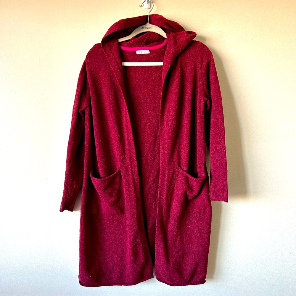 OVLA Small Red Maroon Sweater Cardigan Robe Dual Pockets Hoodie Winter Christmas